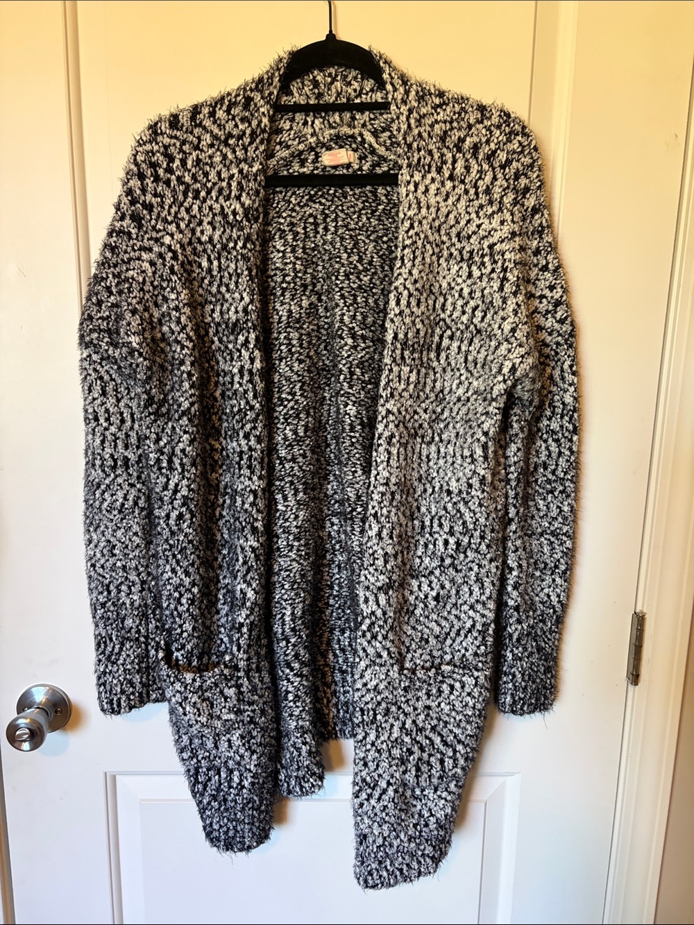 Open-Front Marled Black and White Cardigan Sweater